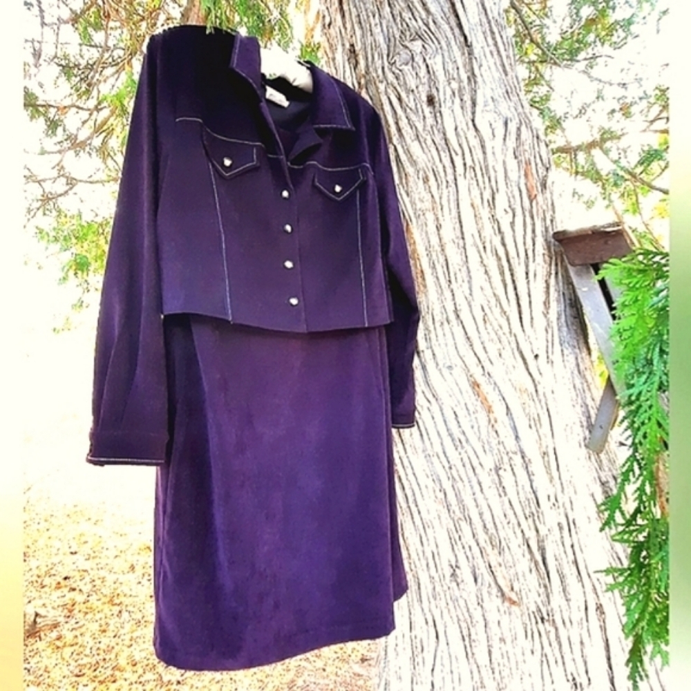 2 Piece JOLIBEL Purple Faux Suede, Utility  Crop Jacket, Shift Dress